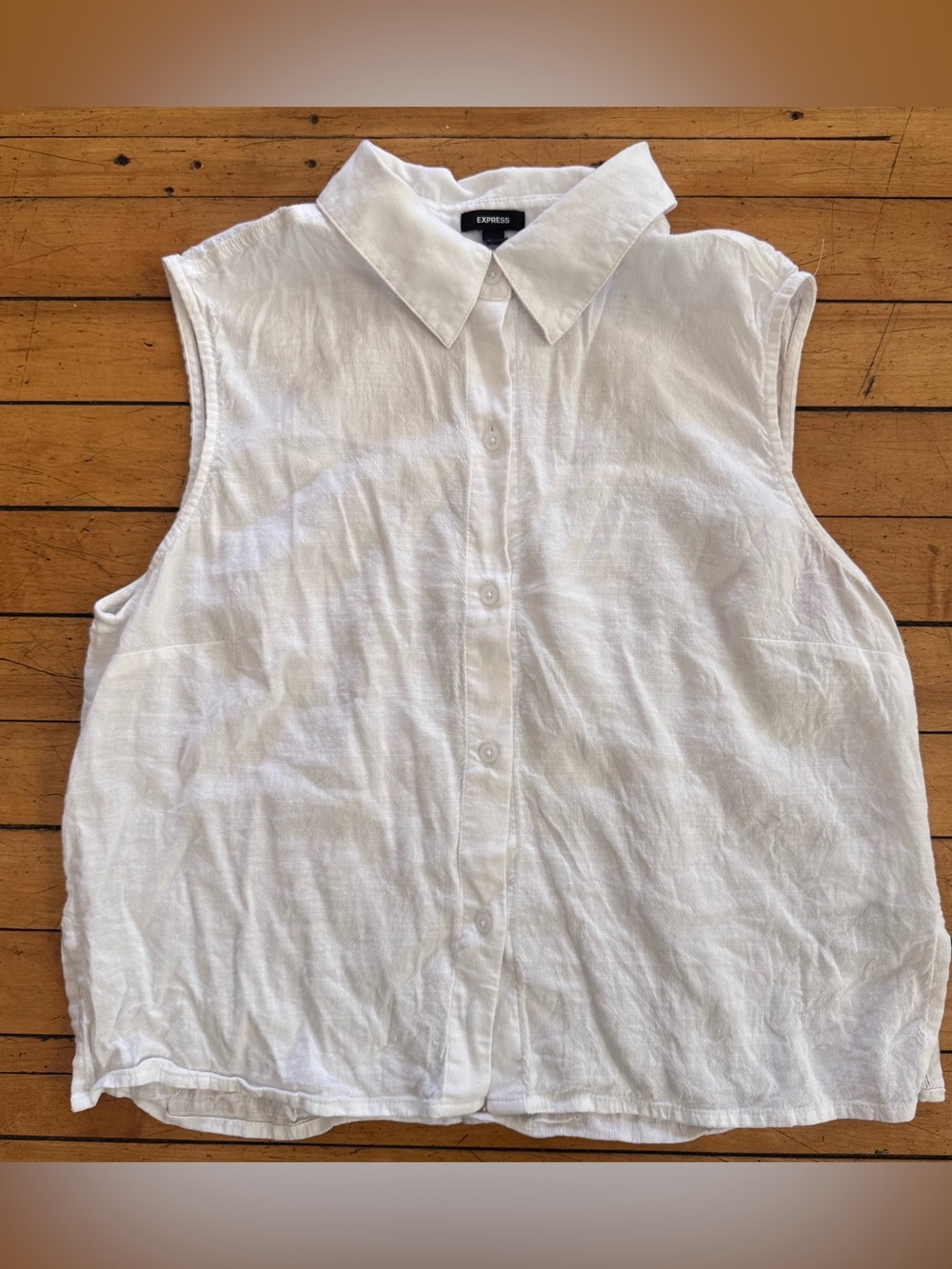Express White Sleeveless Button-Down Top collar linen rayon cotton size small